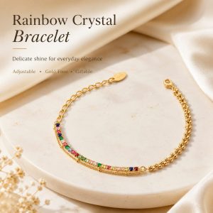 Rainbow crystal gold bracelet with multicolor zircon stones and adjustable chain