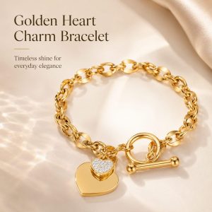 Alt Text: Gold heart charm toggle bracelet for women, titanium steel bracelet with cubic zirconia heart pendant and elegant luxury style.