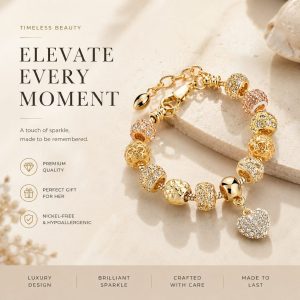 Gold-tone crystal charm bracelet for women with sparkling rhinestone beads and heart charm, elegant luxury jewelry style
