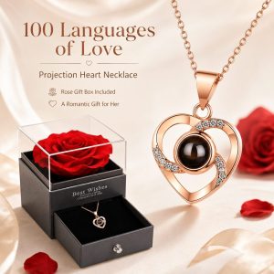 Rose gold heart projection necklace with single rose gift box, featuring I LOVE YOU in 100 languages and designed as a romantic gift for her.