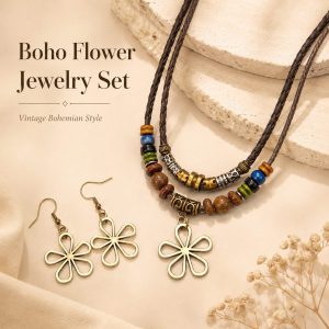 Boho flower pendant necklace and matching earrings set with brown adjustable cord and vintage bead accents