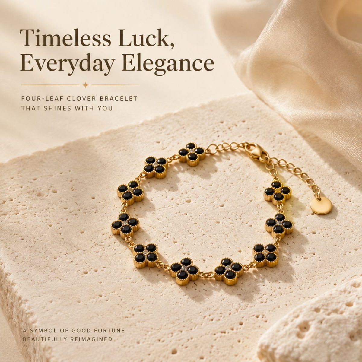 Black four leaf clover crystal bracelet in gold tone electroplated stainless steel, displayed on a beige luxury stone setting for an elegant independent store product image.