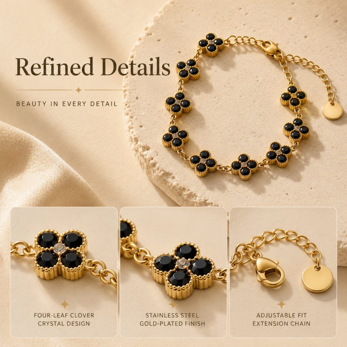 Close up detail of a gold tone stainless steel clover bracelet featuring crystal like stones, electroplated finish, adjustable chain, and secure lobster clasp.