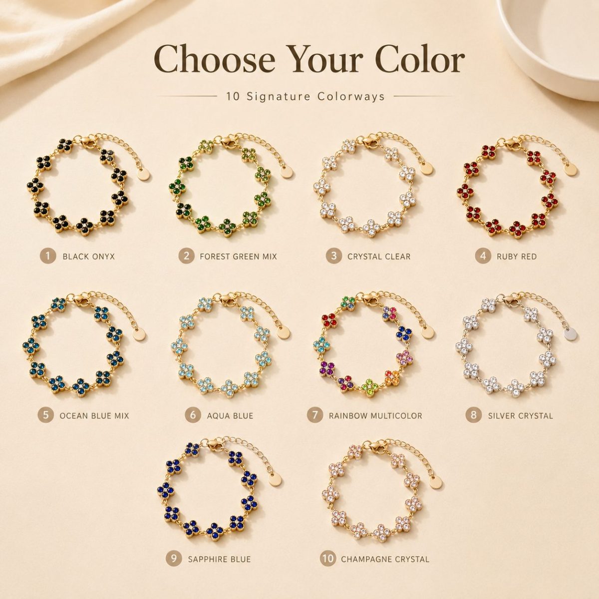 Multiple color options of the clover crystal bracelet, including black, green, clear, red, blue, aqua, multicolor, silver, royal blue, and crystal gold styles.