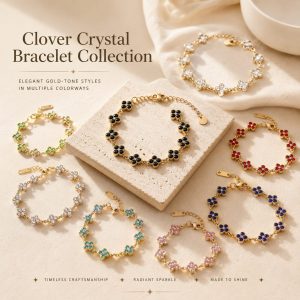 Elegant gold tone stainless steel clover crystal bracelet collection with multiple color options, designed for a refined light luxury jewelry style.