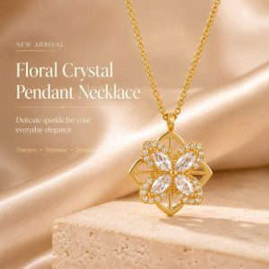 Gold floral crystal pendant necklace with titanium steel chain, elegant light luxury jewelry for women
