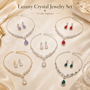 Luxury crystal teardrop necklace and earrings set displayed in five color options for women
