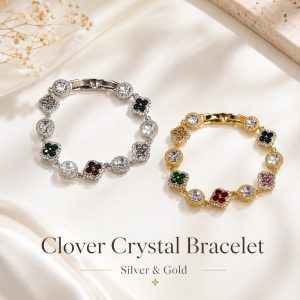 Silver and gold clover crystal bracelet with colorful gemstone details on a soft luxury background