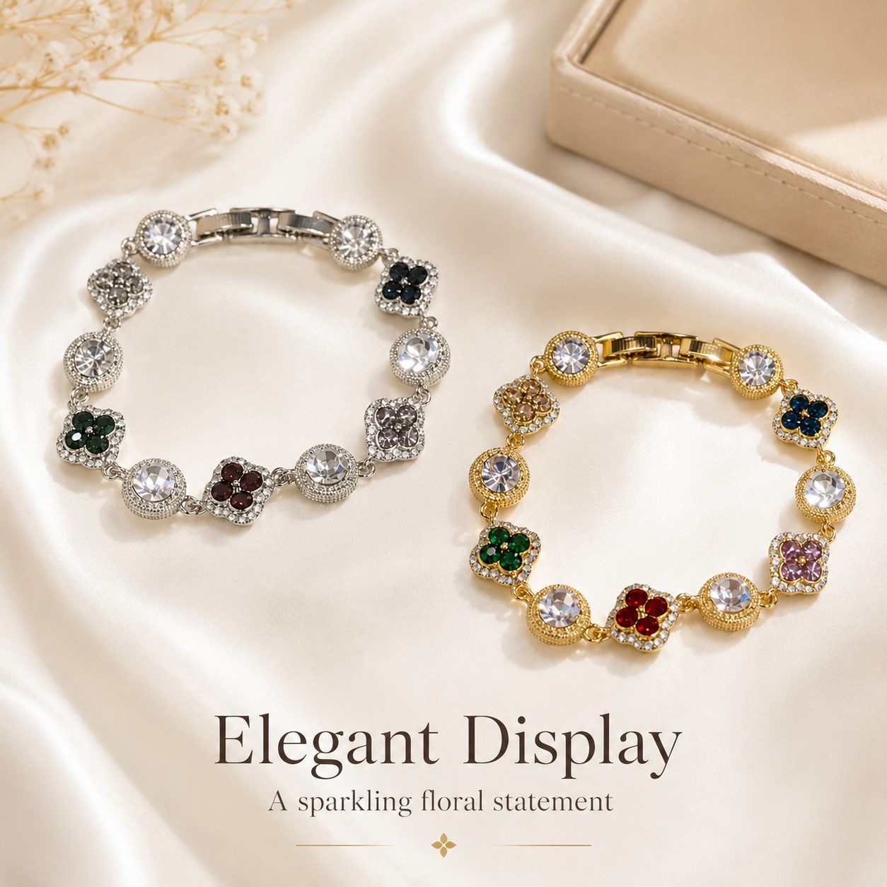 Elegant display of silver and gold clover crystal bracelets with sparkling floral gemstone design