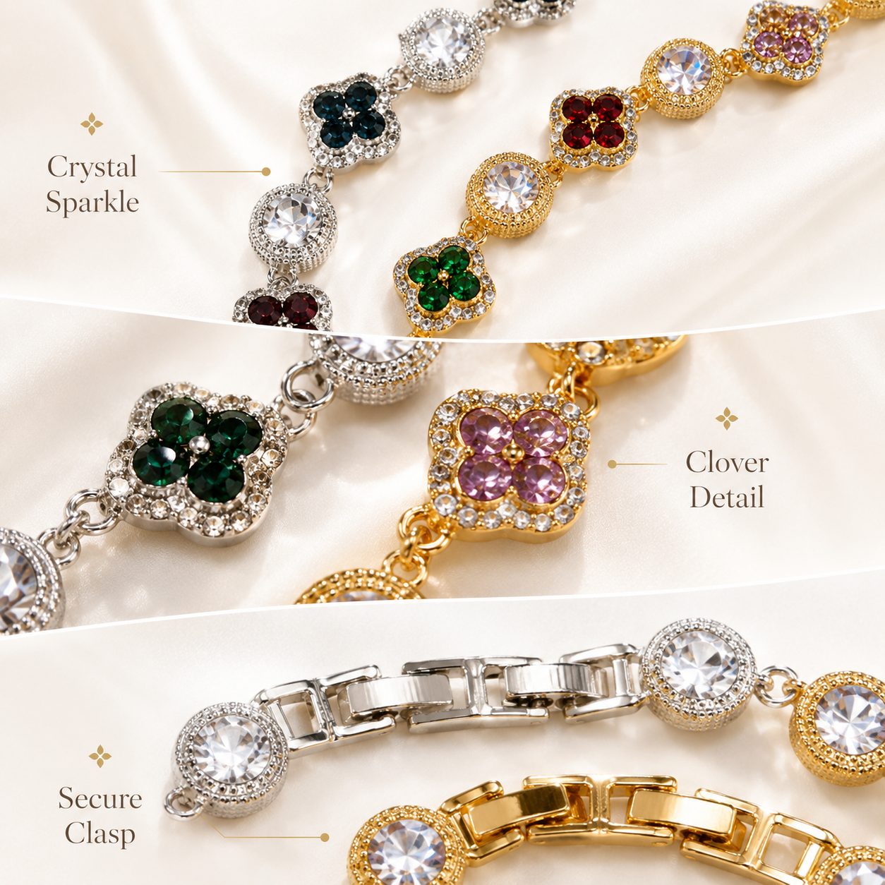 Close up details of clover crystal bracelet showing sparkling stones floral charm design and secure clasp