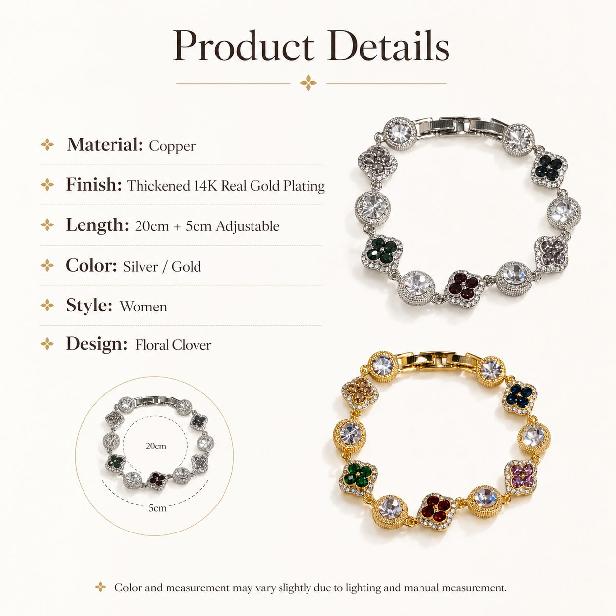 Product details and size chart for clover crystal bracelet in silver and gold with adjustable length