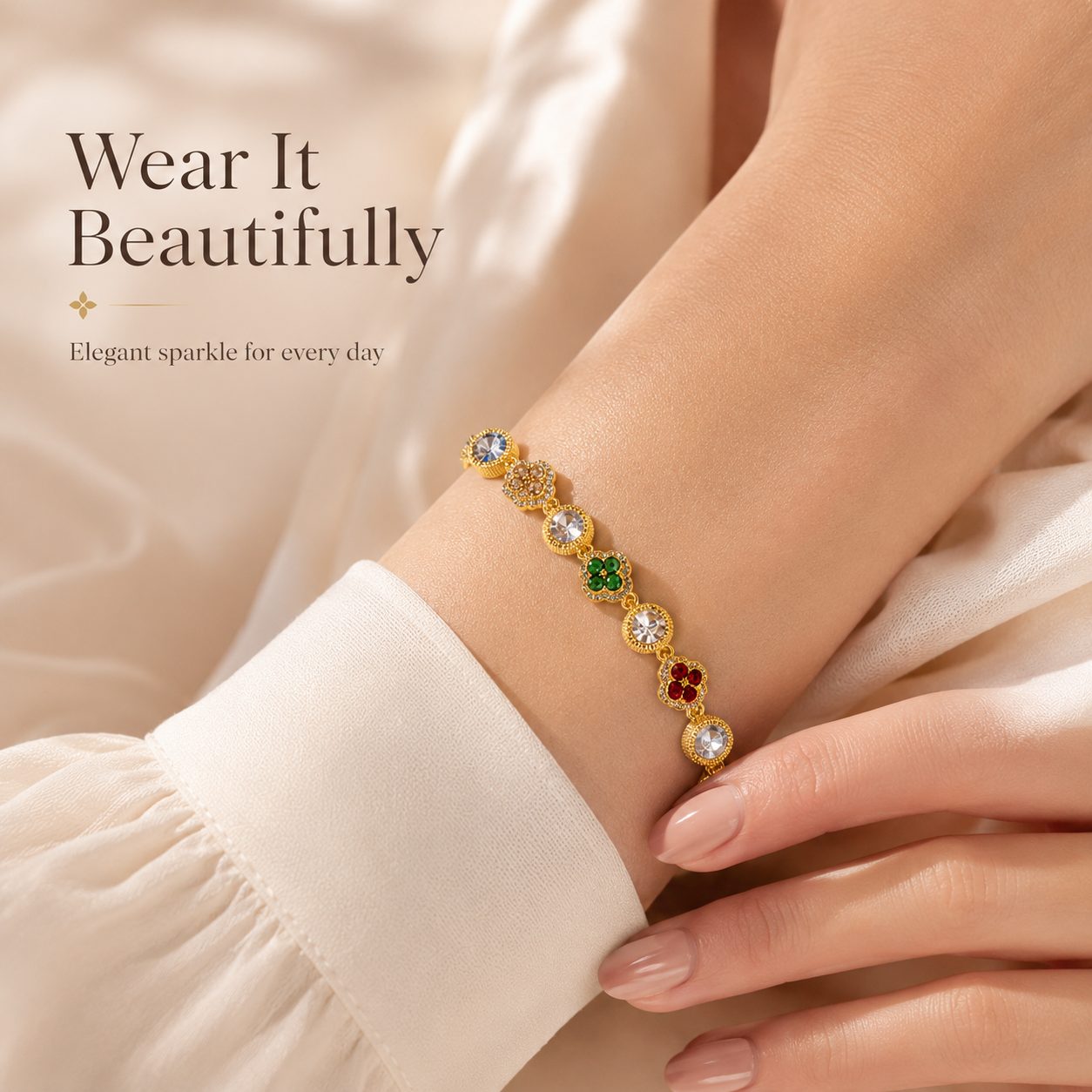 Woman wearing a gold clover crystal bracelet with colorful gemstone accents in an elegant lifestyle close up