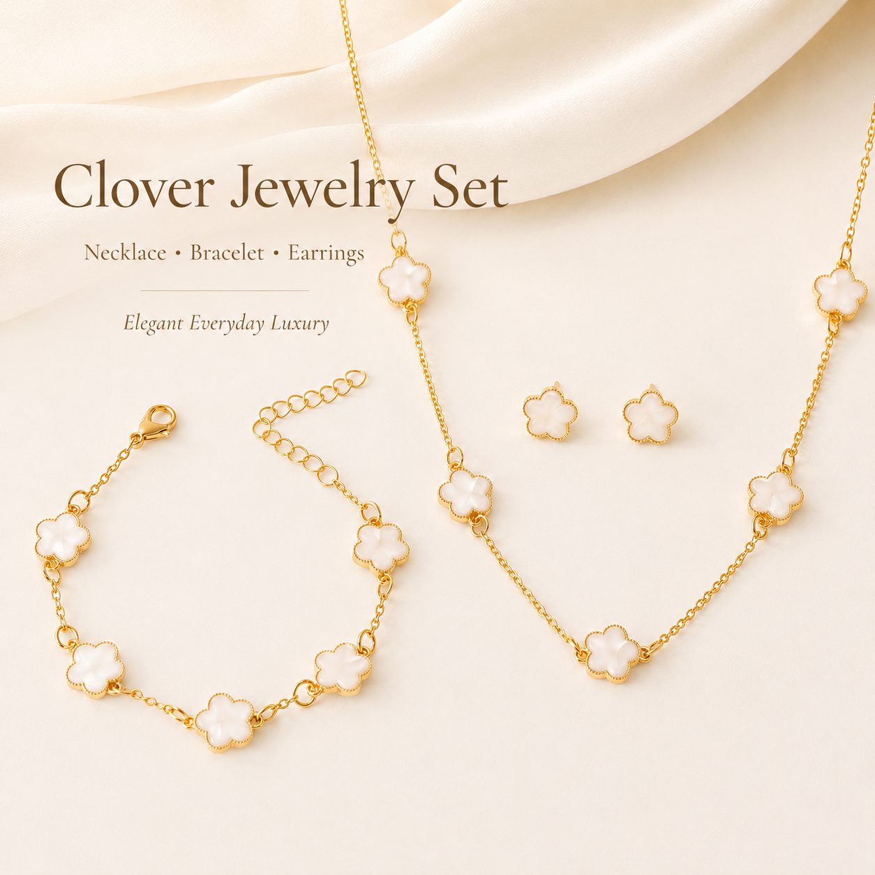 clover jewelry set with gold chain, including necklace, bracelet and earrings in a soft luxury style