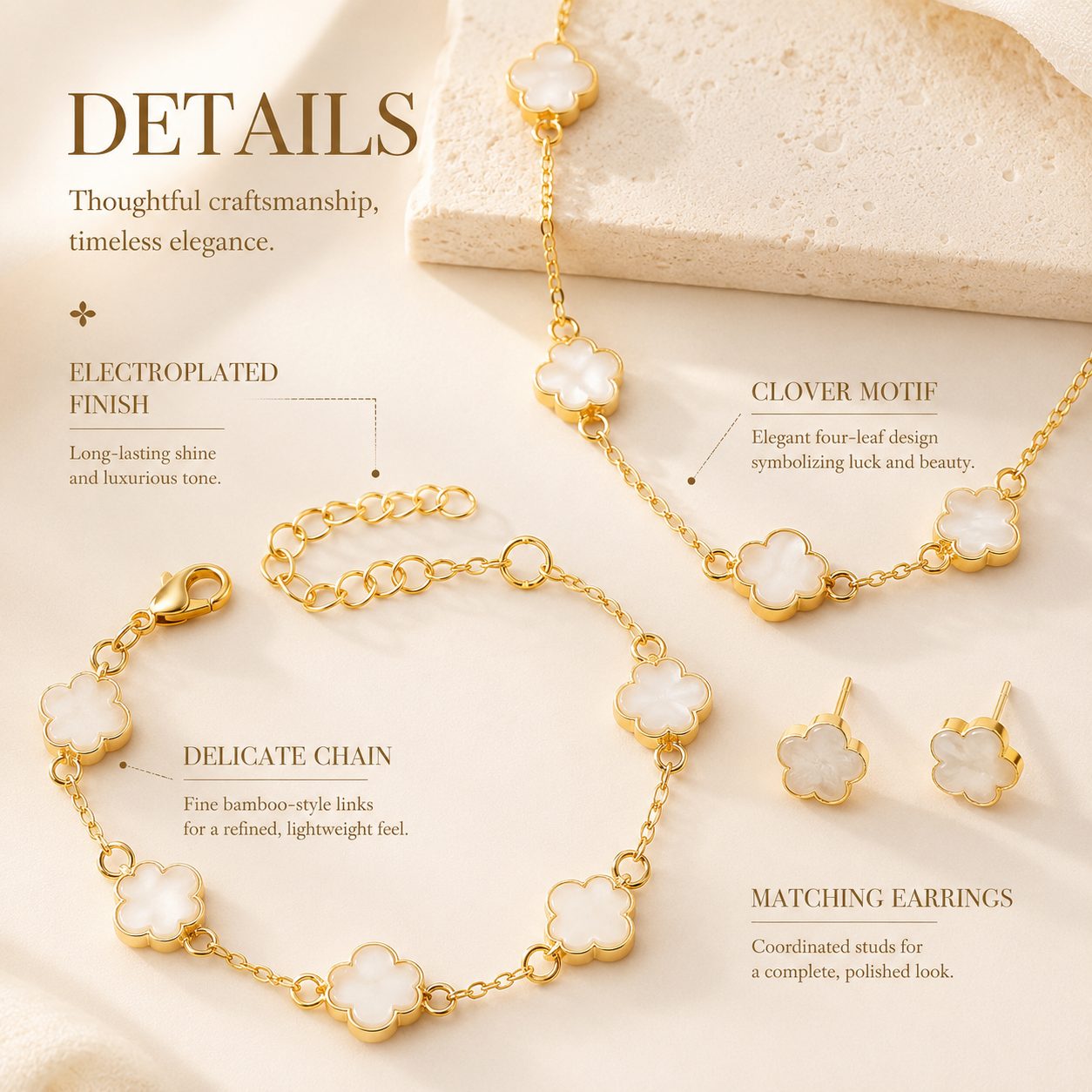 Finish Close up detail of clover charm jewelry with electroplated gold finish, delicate bamboo-style chain and matching earrings