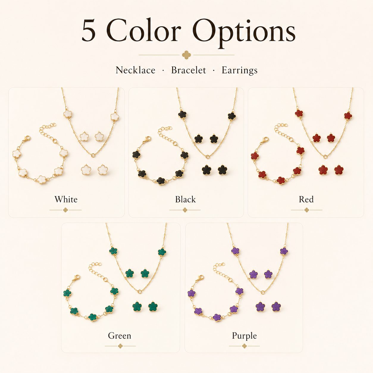 Clover jewelry set available in five colors: white, black, red, green and purple, including necklace, bracelet and earrings