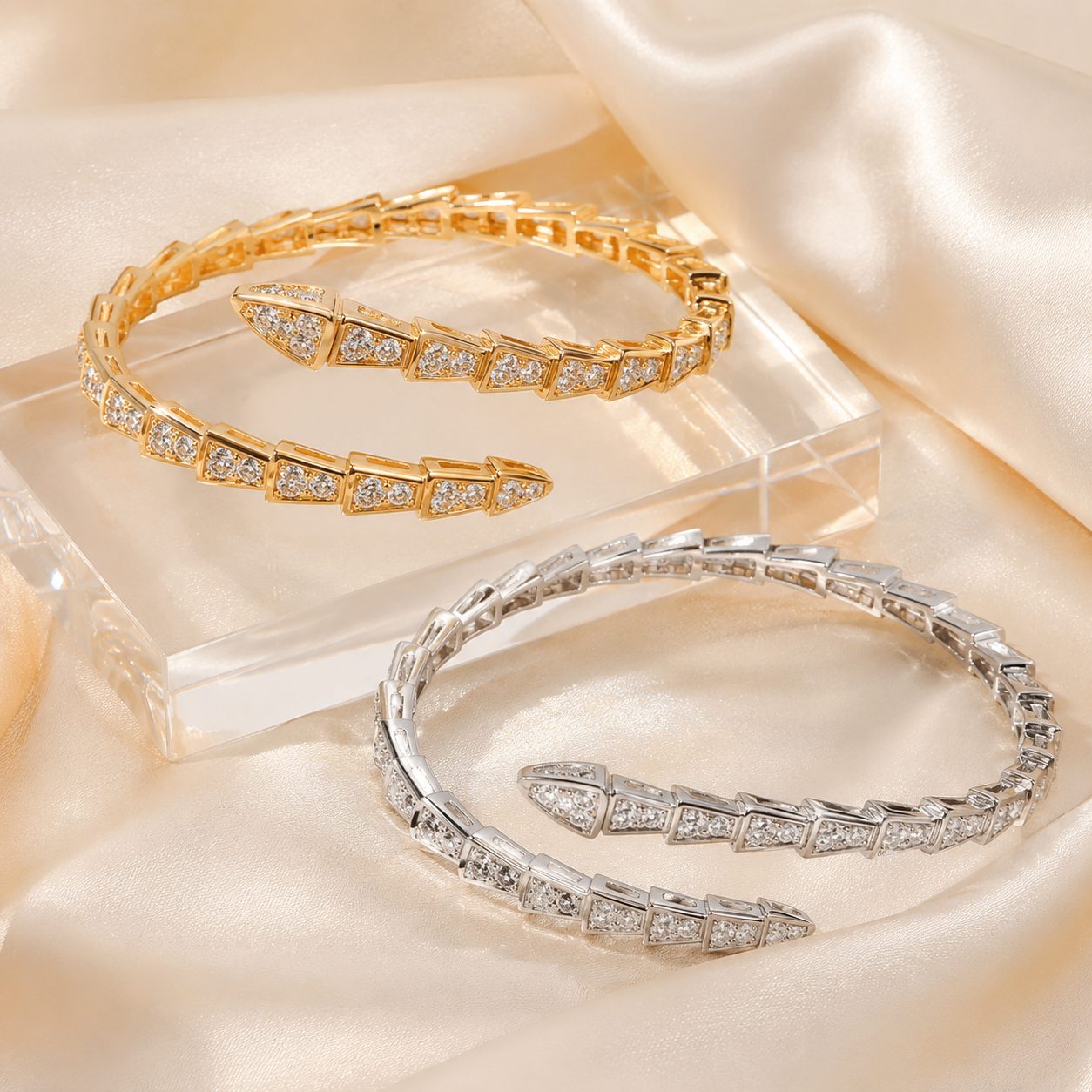 Geometric crystal cuff bracelet product display in elegant gold and silver finishes