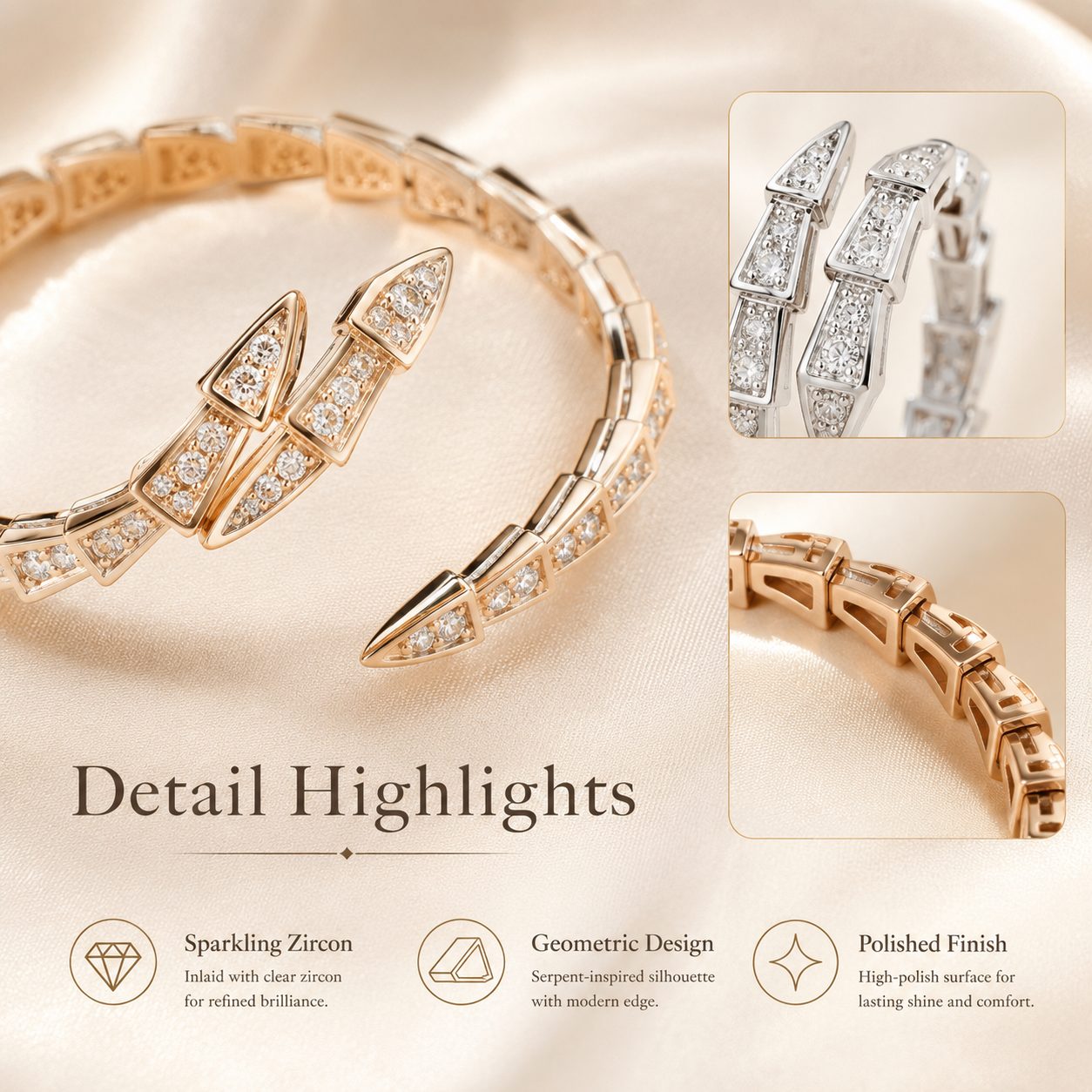 Close-up detail of geometric crystal cuff bracelet with zircon stones