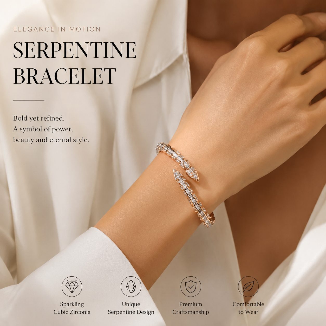 Woman wearing geometric crystal cuff bracelet on wrist