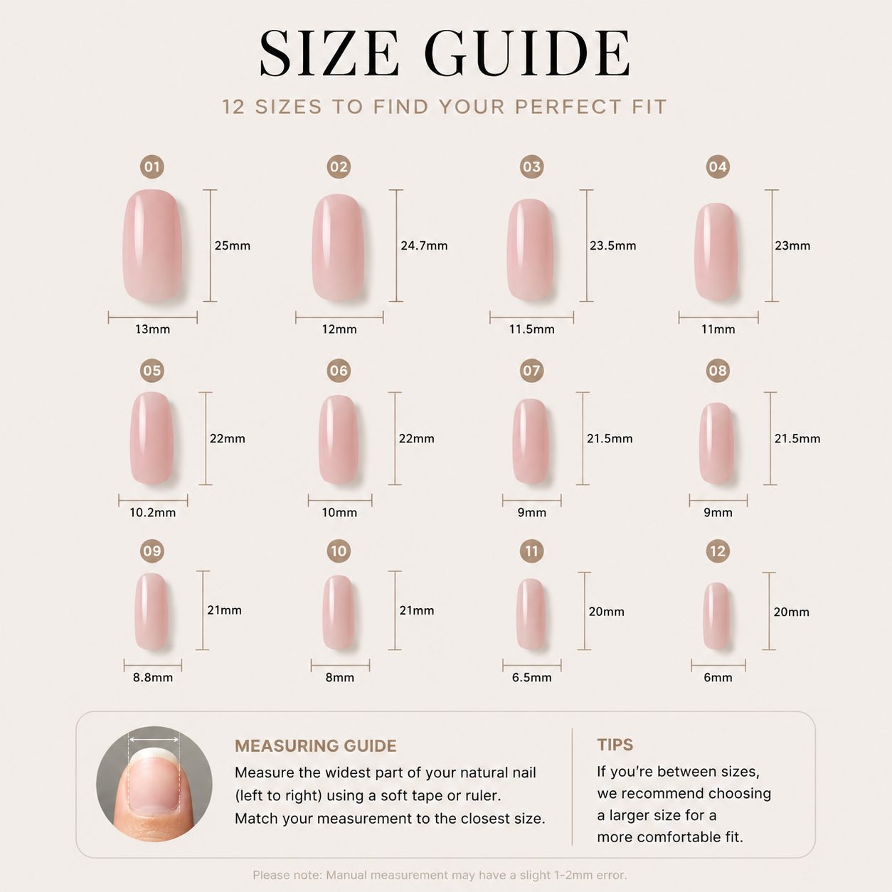 Press-on nails size guide showing 12 nail tip sizes with width and length measurements to help choose the best fit for natural nails.