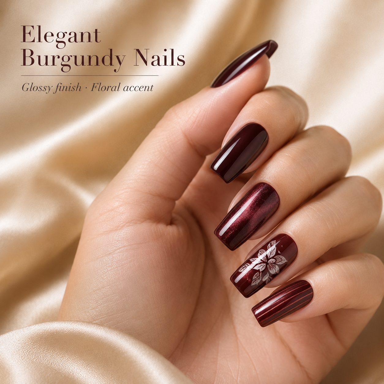 Hand close-up wearing elegant burgundy press-on nails with glossy finish, floral accent, and refined luxury manicure style.