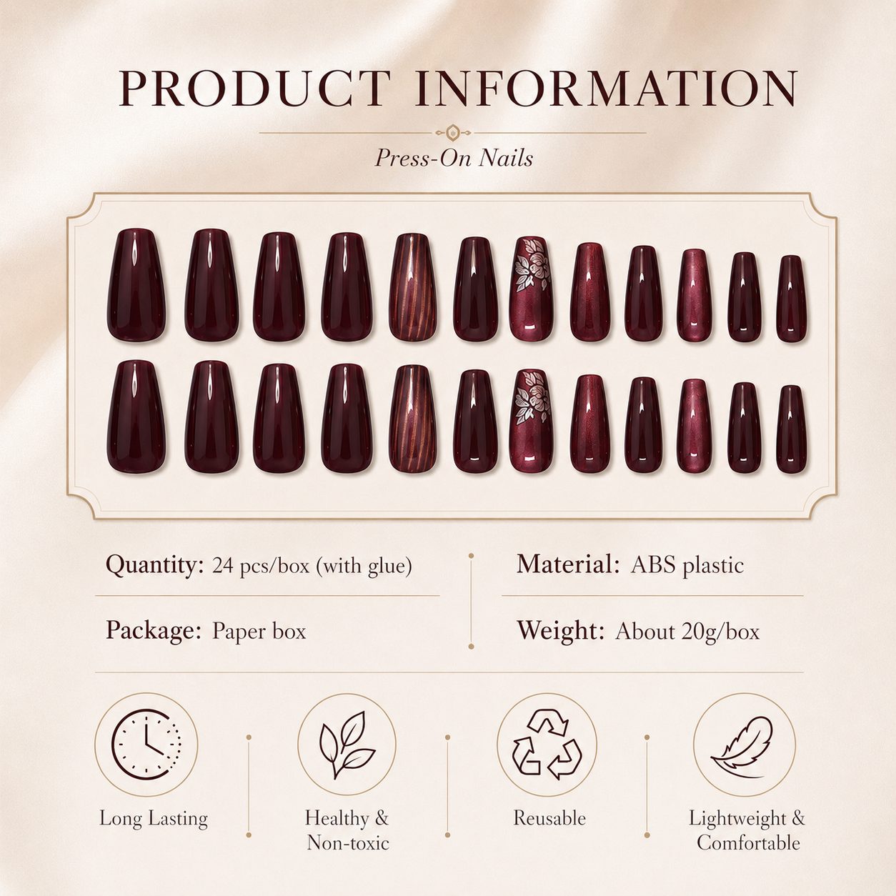 Product information for burgundy press-on nails, including 24 pieces per box with glue, ABS plastic material, paper box packaging, and lightweight design.
