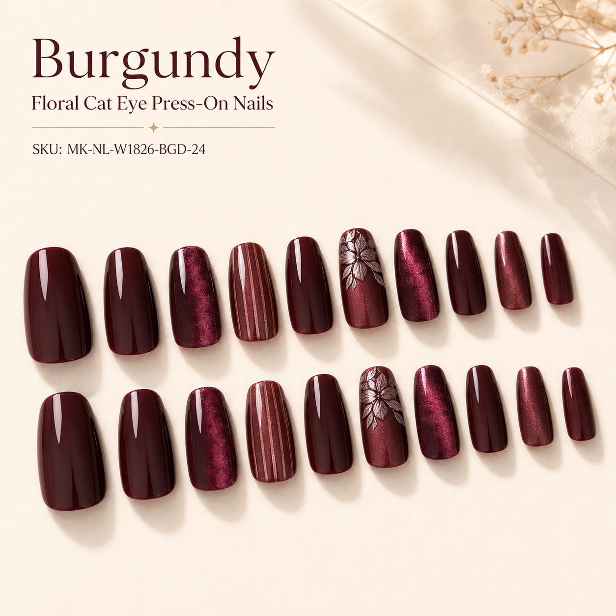Burgundy floral cat eye press-on nails in dark wine red shade, 24-piece glossy false nail set with floral accent and long square shape, SKU MK-NL-W1826-BGD.