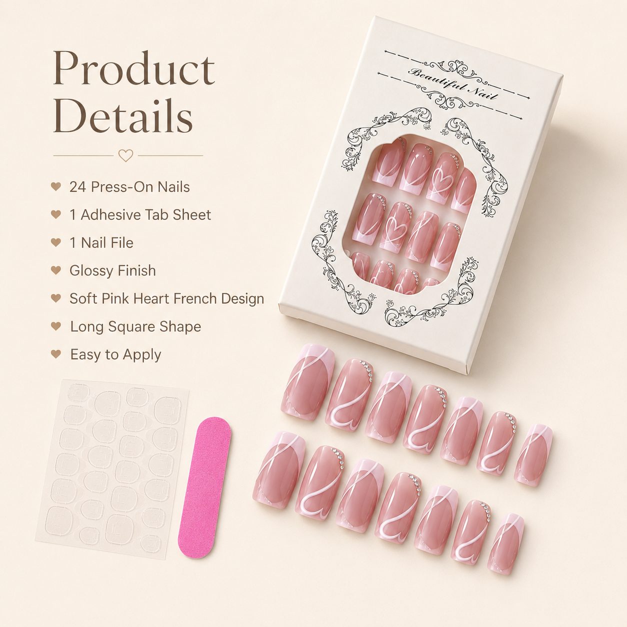 Product details image for pink heart press-on nails including 24 nails, adhesive tab sheet, nail file, and glossy French design