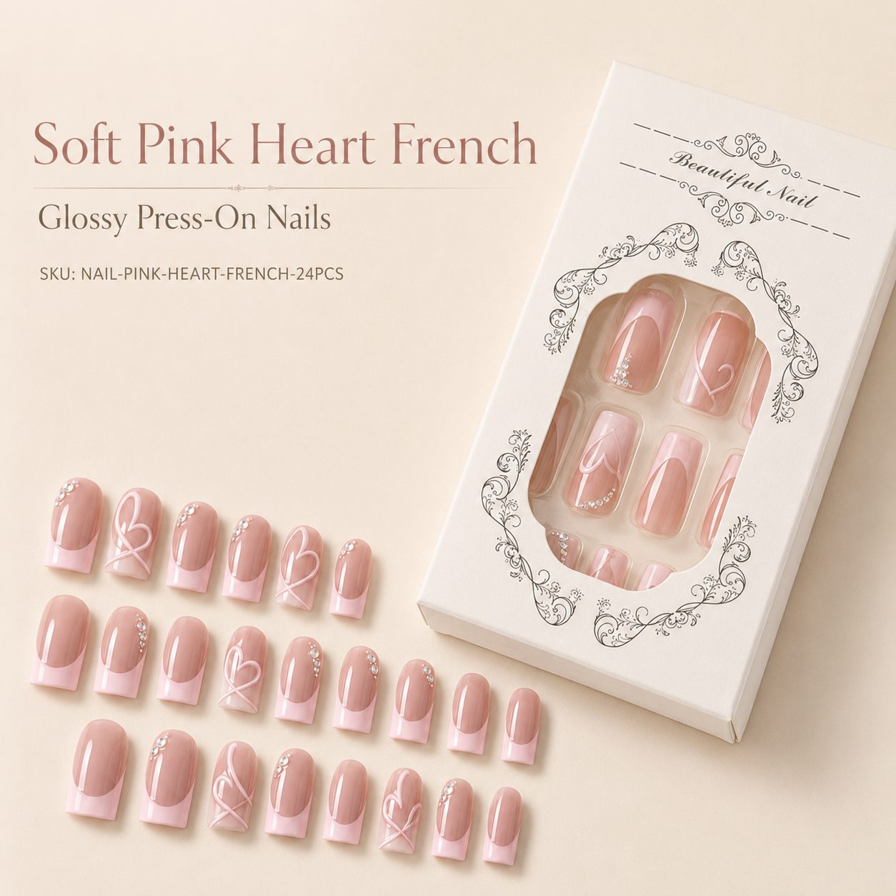 Soft Pink Heart French Press-On Nails – Glossy 24-Piece Nail Set - Image 9