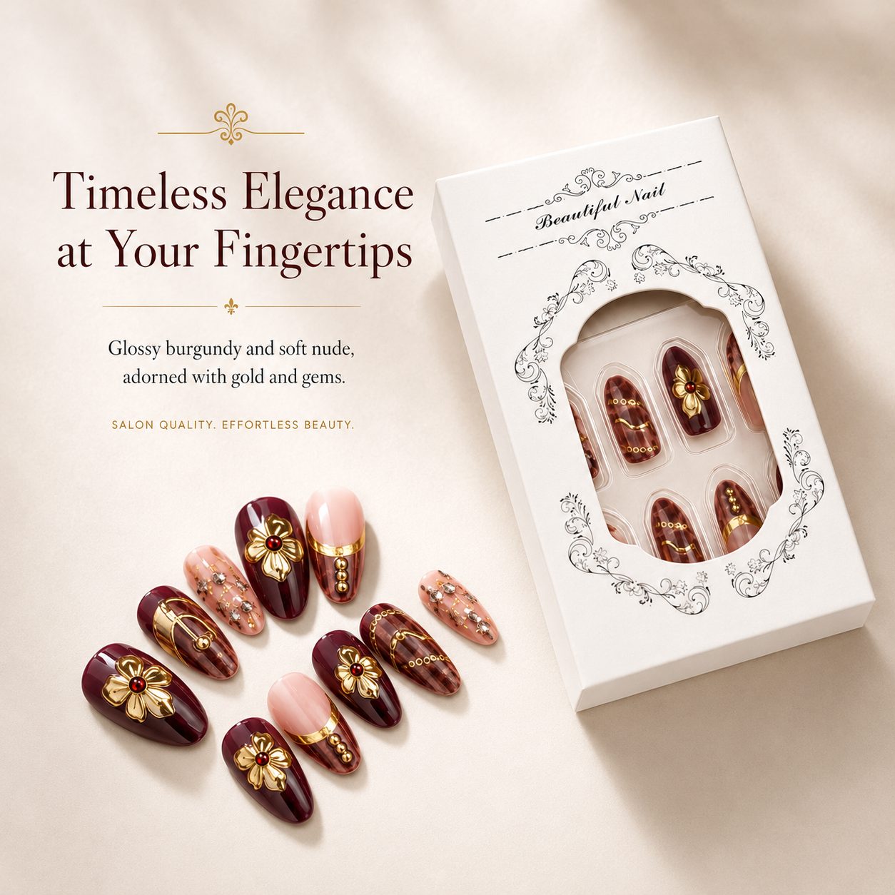 Soft pink heart French press-on nails displayed with luxury white packaging box on a cream background