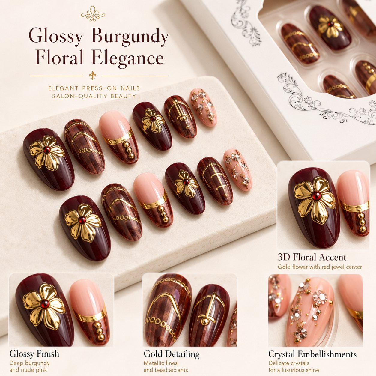 Close-up detail of burgundy floral press-on nails with glossy finish, gold lines, rhinestones, and 3D flower accents