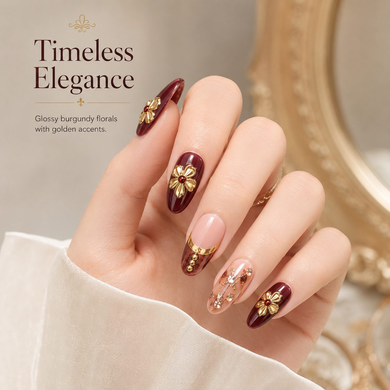 Elegant hand close-up wearing burgundy and nude pink floral press-on nails with gold accents and crystal details