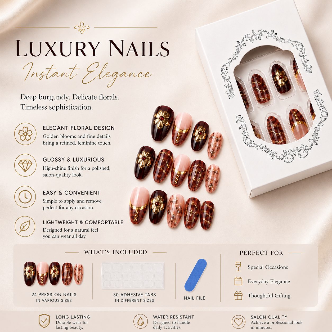 Product information image for burgundy floral press-on nails with glossy finish, gold floral accents, adhesive tabs, nail file, and cuticle stick