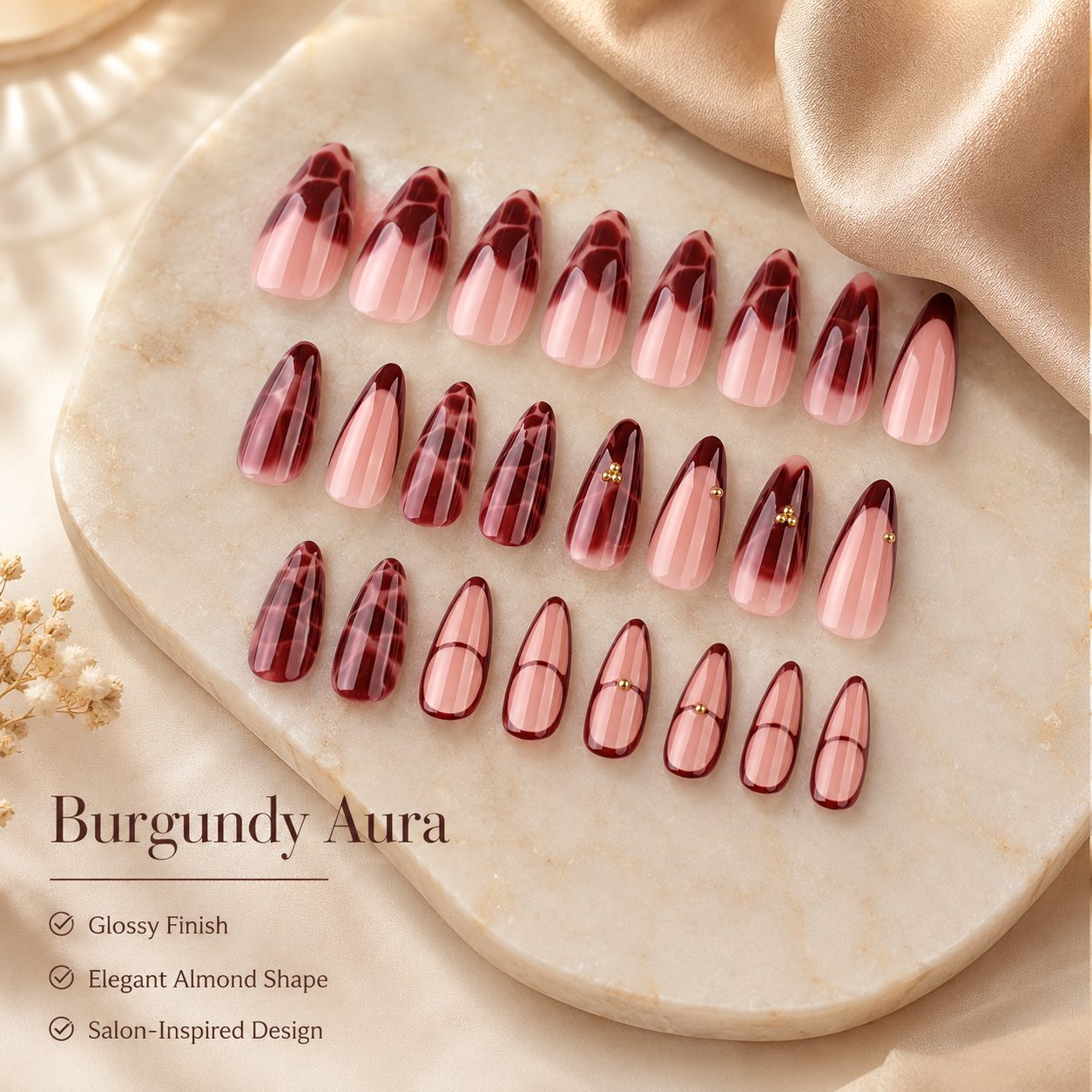 24 PCS burgundy press-on nails displayed on a soft beige luxury background with glossy finish and elegant almond shape