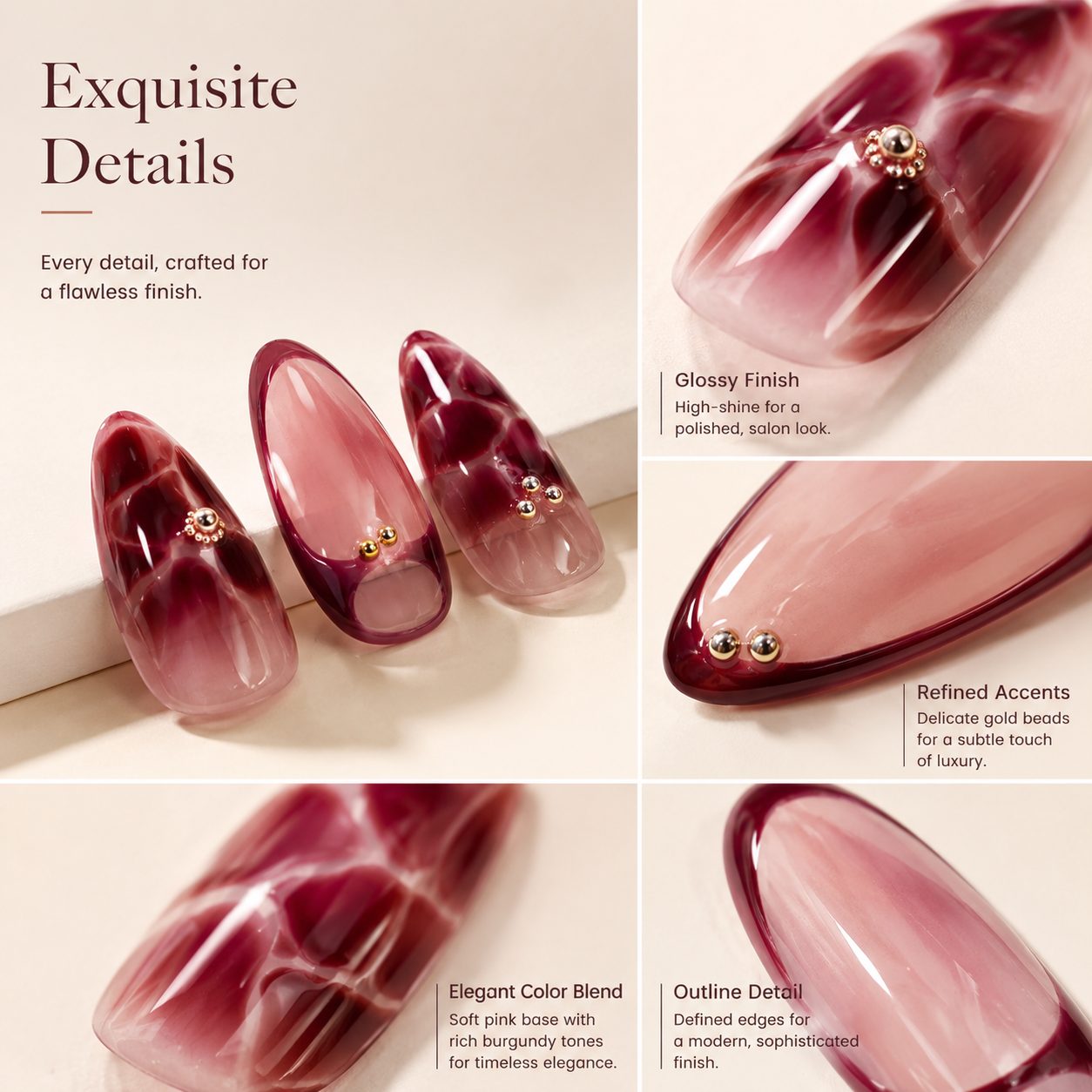 Close-up detail of burgundy press-on nails showing glossy shine, soft pink base, deep red marble style design and delicate gold accents