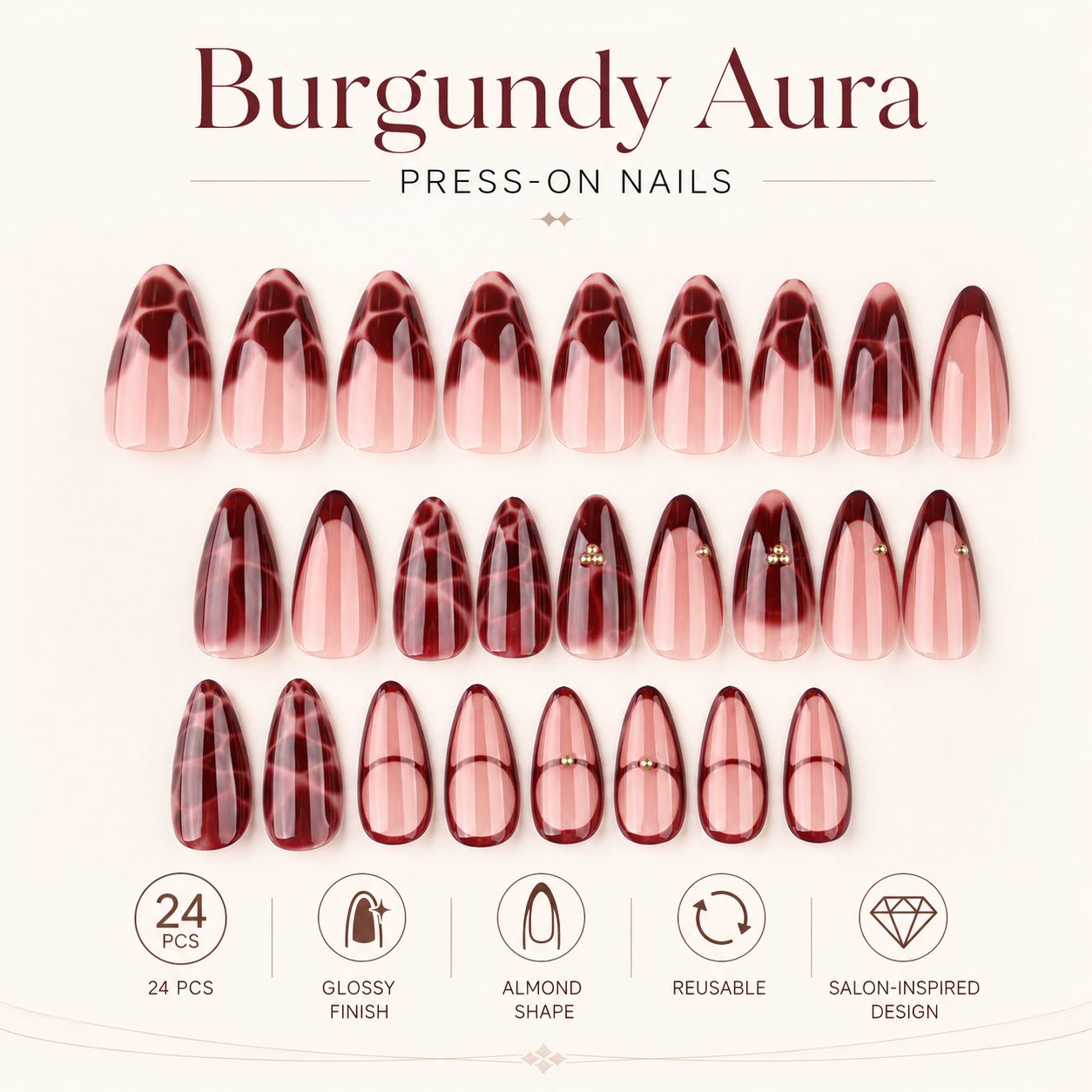 24 PCS burgundy aura press-on nails set with glossy almond shape, soft pink base, deep red design and salon-inspired elegant style