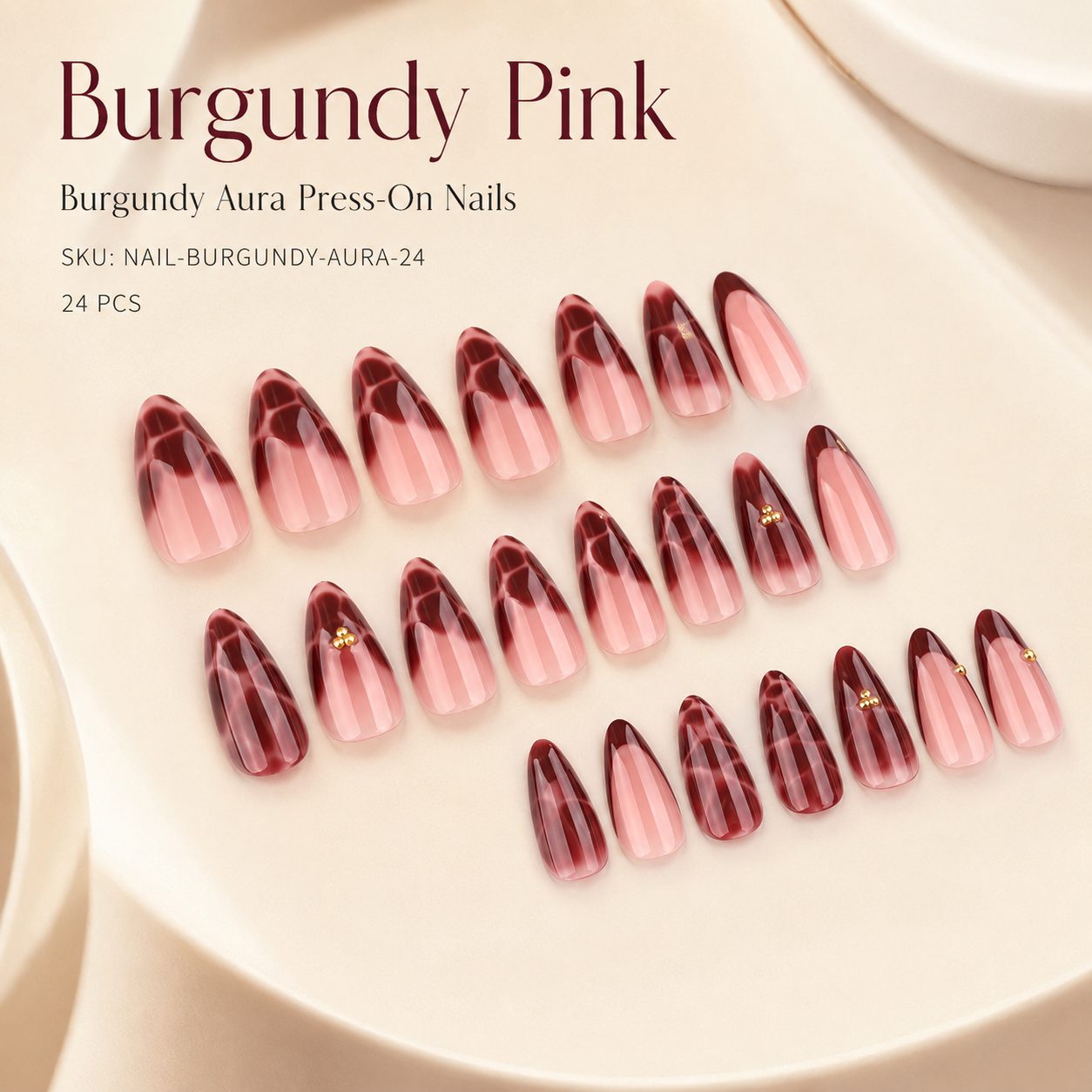 Burgundy Pink 24 PCS press-on nails SKU image with glossy almond shape, soft pink base, deep burgundy accents and delicate gold details on a light luxury background