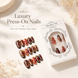 Luxury brown floral press-on nails set with glossy finish, 3D flower design, gold accents, and elegant white packaging