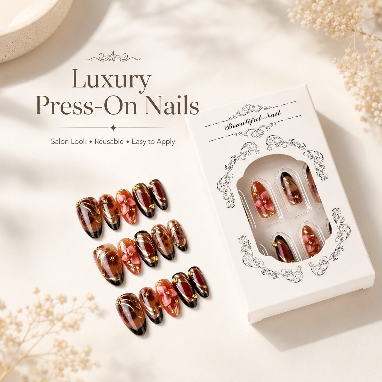 Luxury brown floral press-on nails set with glossy finish, 3D flower design, gold accents, and elegant white packaging