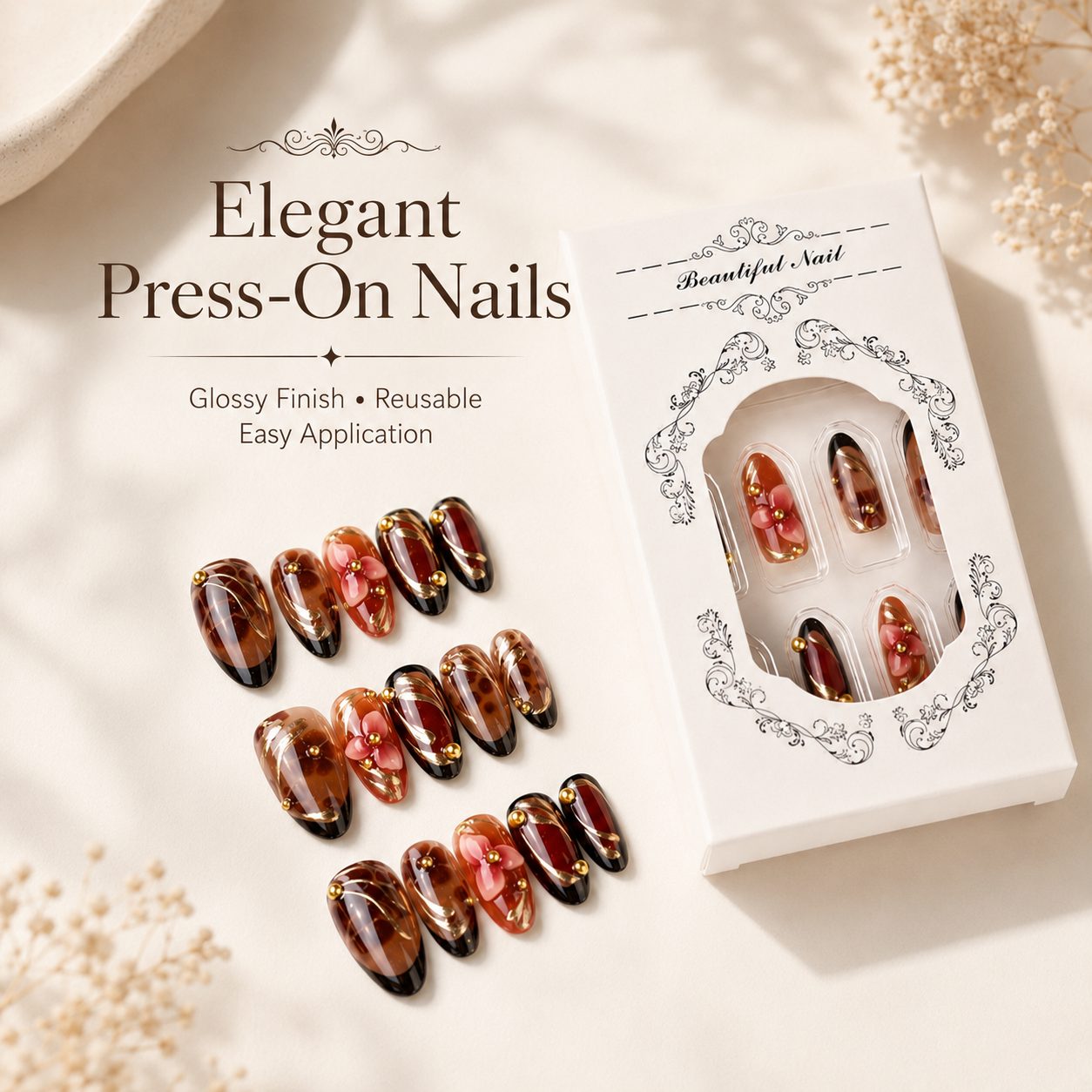 Elegant brown floral press-on nails with white packaging, glossy salon-style finish, reusable design, and easy application