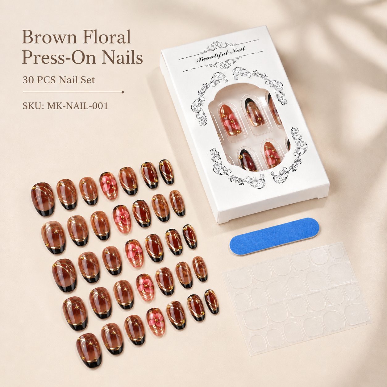 Brown floral press-on nails 30 PCS set with glossy brown finish, 3D flower accents, gold details, adhesive tabs, mini nail file, and elegant white packaging