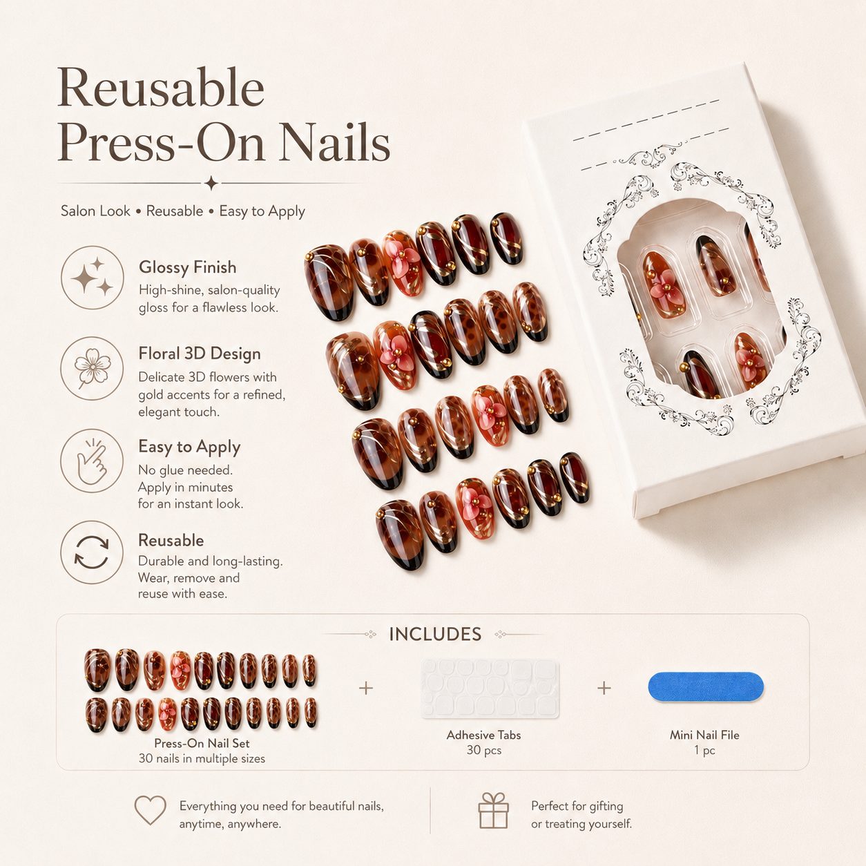 Reusable brown floral press-on nails 30 PCS kit with glossy finish, 3D floral design, adhesive tabs, mini nail file, and elegant salon-style manicure look