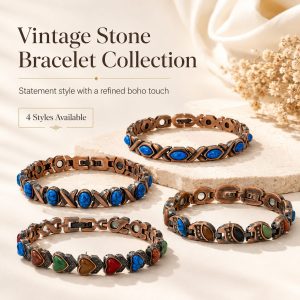 Vintage stone bracelet collection featuring alloy electroplated bracelets with antique copper tone, turquoise blue stones, heart accents, and geometric retro designs.