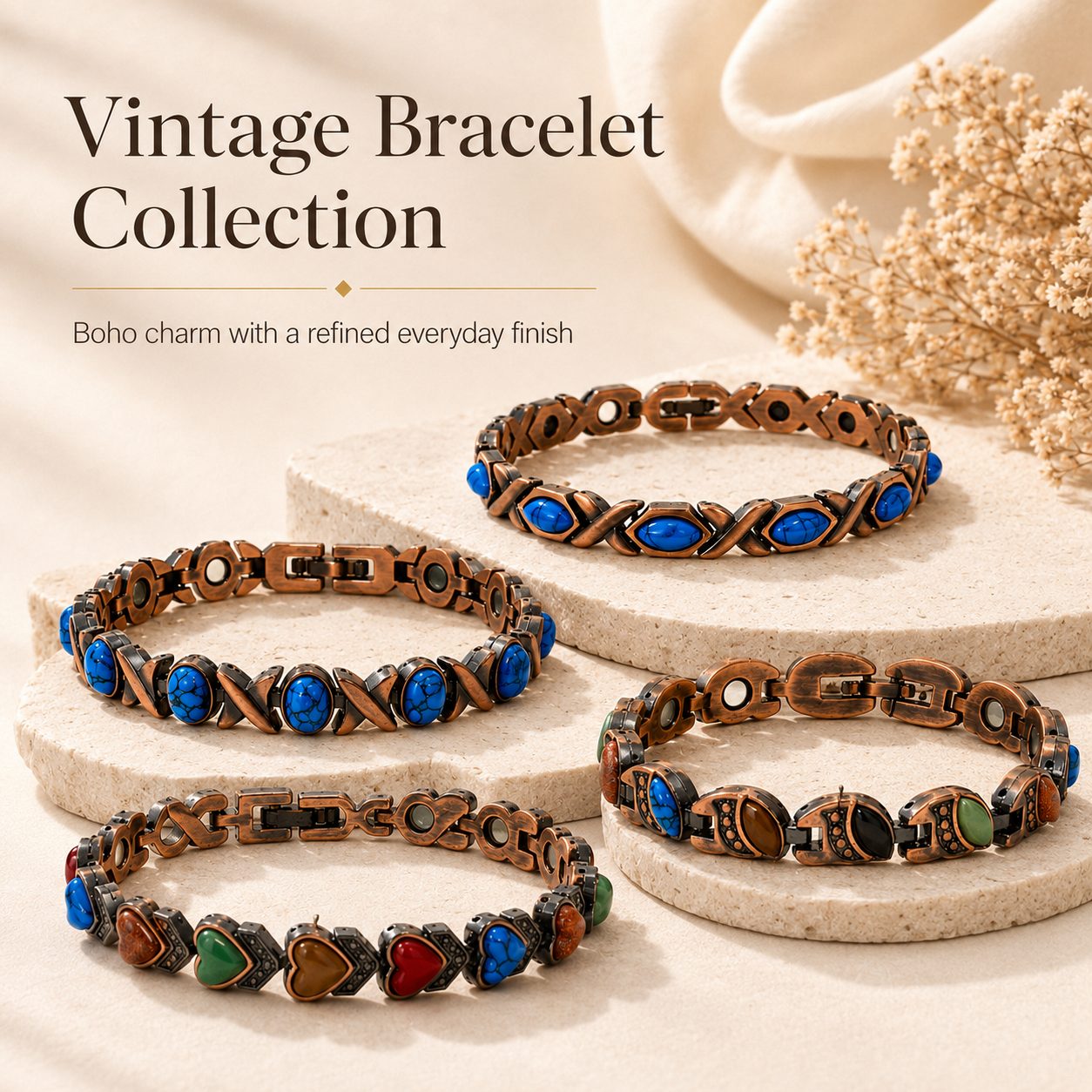 Vintage bracelet collection displayed on a soft beige stone background with antique copper tone links, blue stone accents, mixed color stones, and refined boho style.