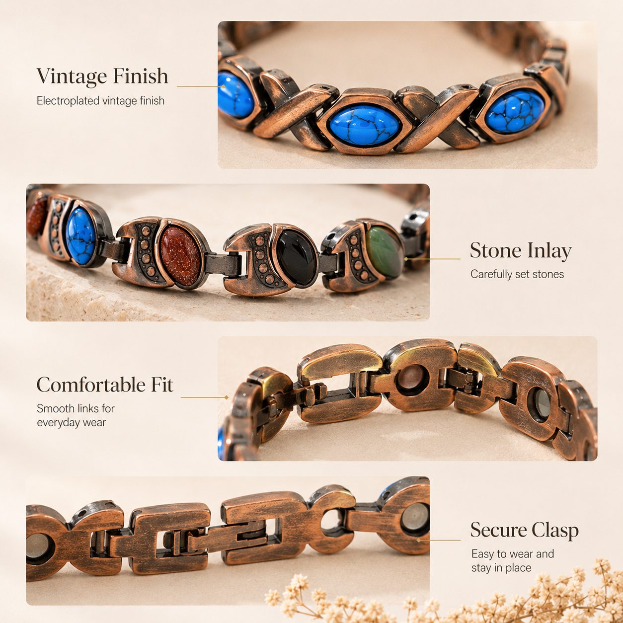 Close-up detail of vintage stone bracelet showing electroplated antique finish, carefully set stone inlay, smooth links, and secure clasp design.