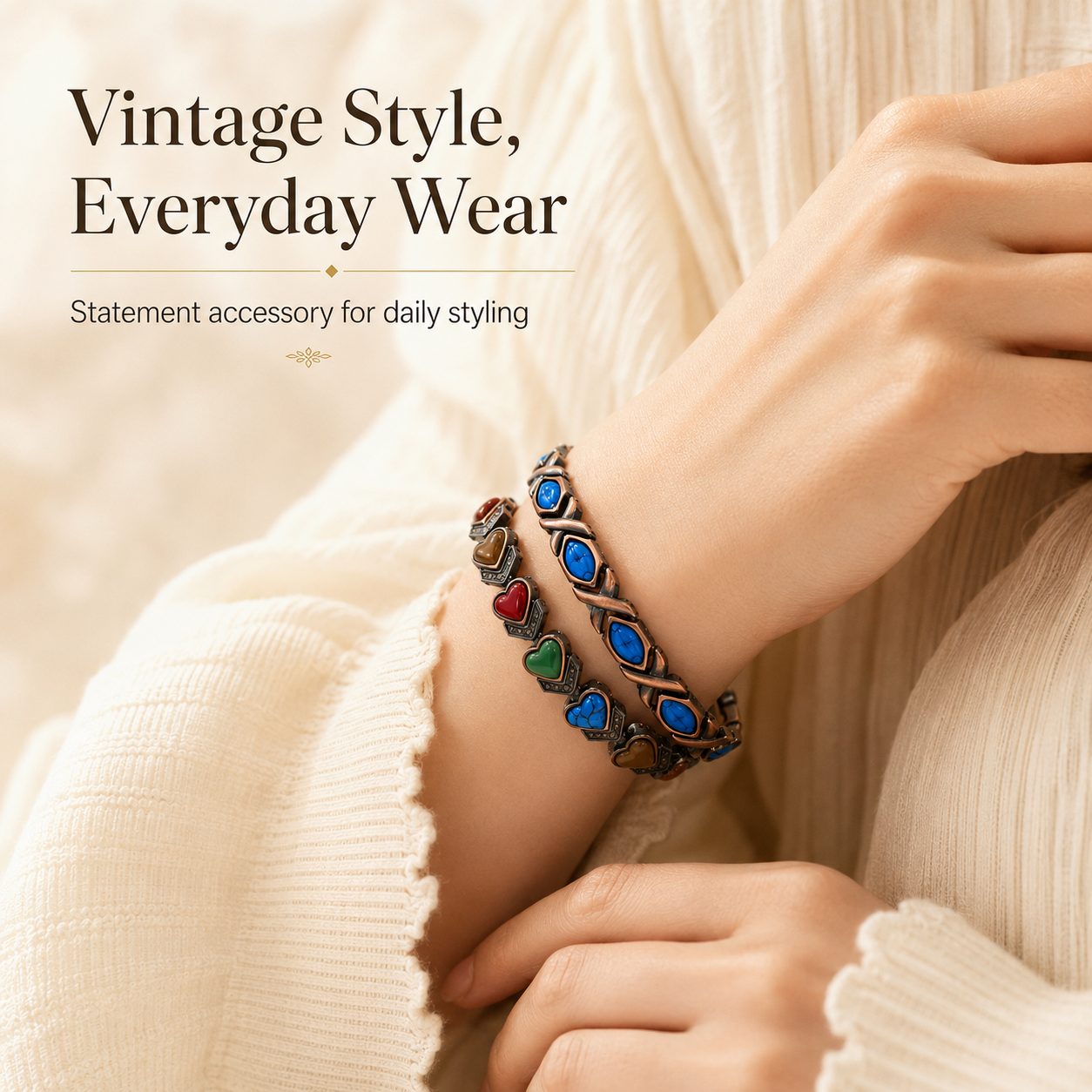 Female wrist wearing vintage stone bracelets with antique copper tone alloy links, colorful heart stones, and turquoise accents for everyday styling.