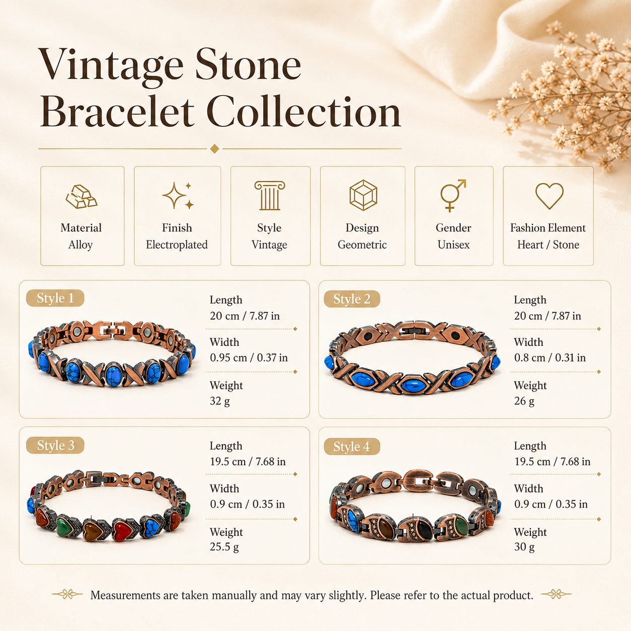 Product information image for vintage stone bracelet collection showing alloy material, electroplated finish, vintage style, geometric design, unisex fit, and four style options.