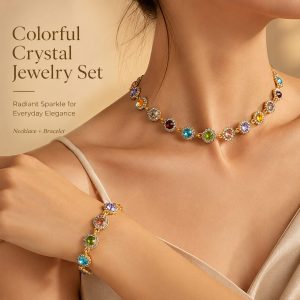 Colorful crystal jewelry set with matching necklace and bracelet, featuring round multicolor rhinestone crystals and elegant gold-tone chain, perfect for everyday sparkle