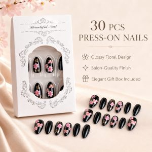 30 PCS glossy black floral press-on nails with pink flower design and elegant gift box for salon-style manicure