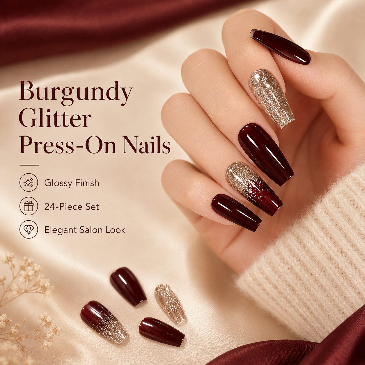 Burgundy glitter press-on nails with glossy wine red finish and champagne gold accents, luxury independent store main image