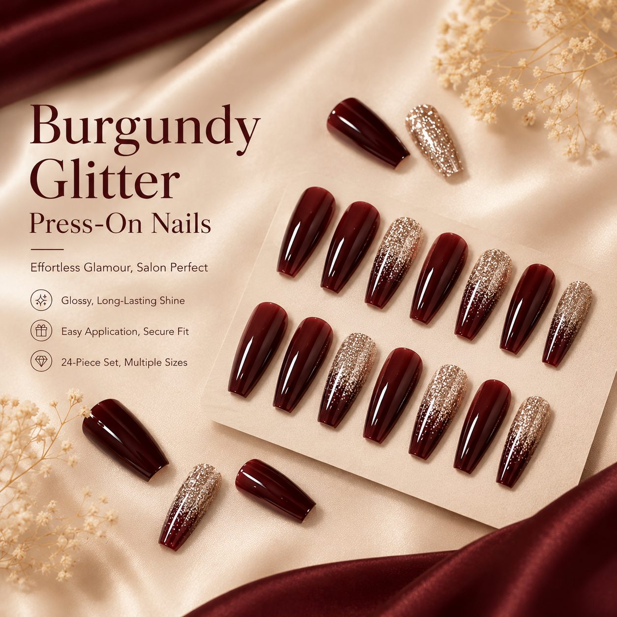 Elegant burgundy glitter press-on nails displayed on a soft beige luxury background with glossy finish and salon style design